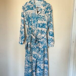 Commense Teal and Cream Wide Leg Pants